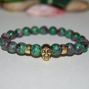 Ruby Zoisite Bracelet,Skull Bracelet,Ruby Golden Skull Bracelet